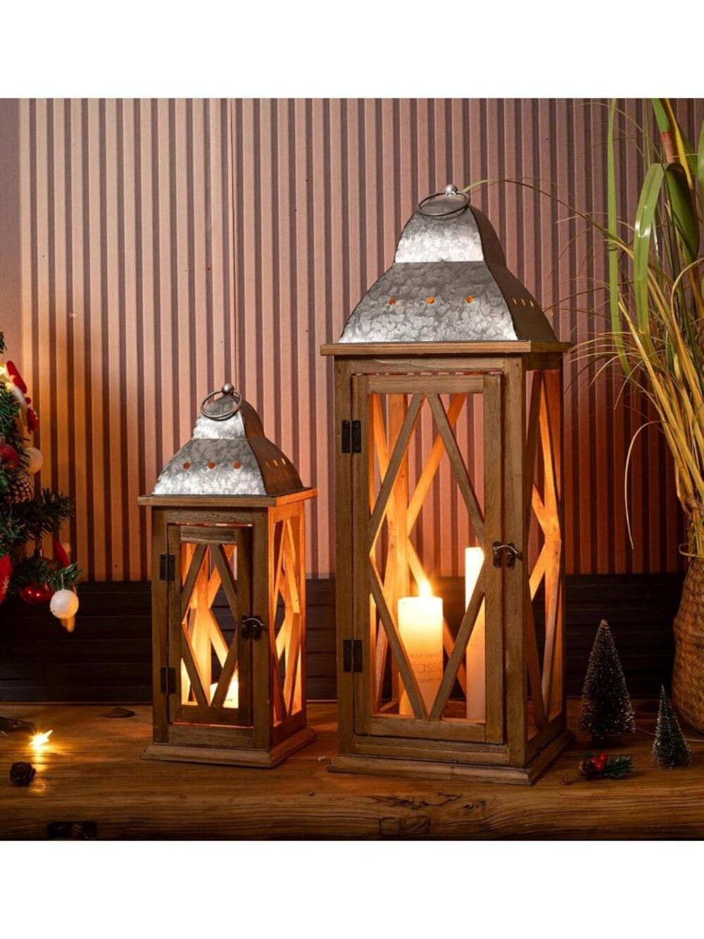 Rustic Large Wooden Metal Lantern Set of 2 | Decorative Floor & Hanging Candle
